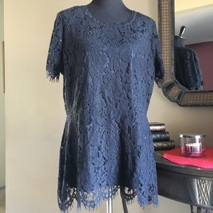 ISAAC MIZRAHI LIVE! BLACK LACE SHORT SLV PULLOVER TOP W/SCALLOPED LACE BOTTOM XL